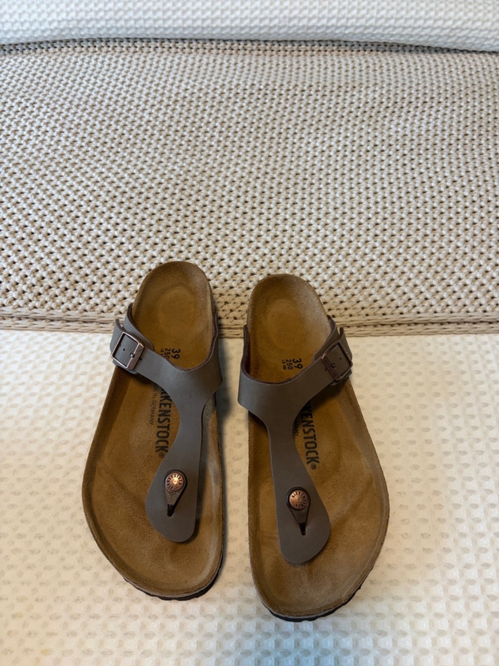 Birkenstock Brown Thong Sandals with Copper Accents